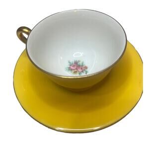 Original Bohemia Tea Cup And Saucer Yellow Gold Tim Rose Flower Vintage Granny